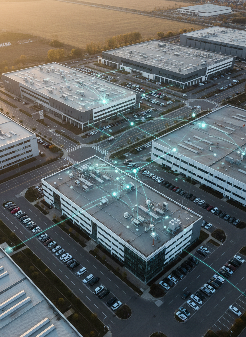 An aerial photographic view of a modern industrial complex subtly overlaid with a semi-transparent digital network grid connecting rooftops, antennas, and small rooftop telecom units. The buildings have clean, contemporary architecture with neutral gray and white facades, surrounded by well-organized roads and parking areas. Late afternoon sunlight casts long, soft shadows, giving depth and warmth to the scene, while the cool-toned digital overlay introduces a contrast of precision and innovation. Captured from a high, slightly angled perspective with sharp focus, the mood is confident and forward-looking, representing cross-industry technological connectivity and consulting expertise.