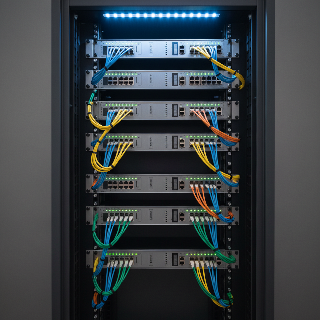 A close-up of a precision-engineered telecommunications server rack, filled with neatly aligned switch units, labeled ports, and meticulously organized fiber-optic cables in coordinated color groups. Each connector gleams slightly under cool overhead LED strip lighting, with tiny status LEDs forming a subtle constellation of green and amber points. The rack stands against a matte charcoal background, with the depth of field gently blurring the farther components. The photographic composition is centered and symmetrical, emphasizing order, discipline, and best engineering practices, creating a clean, professional, and technically sophisticated mood for a technology solutions website.
