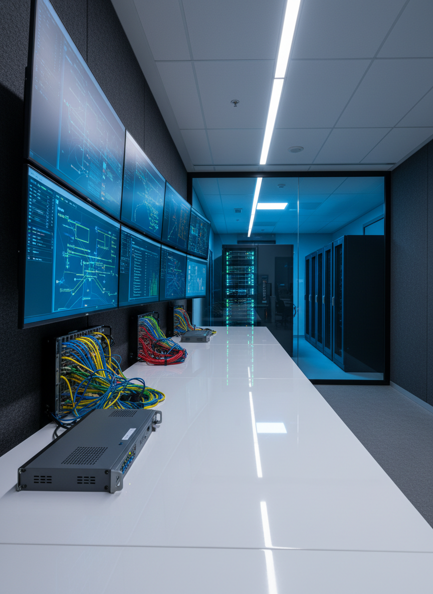 A sleek network operations center interior with a long, glossy white console covered in high-end telecommunications equipment: rack-mounted routers, fiber-optic patch panels with neatly organized colored cables, and multiple ultra-wide monitors displaying real-time network maps and data flows. The room features dark acoustic wall panels and a glass wall revealing rows of server racks glowing with subtle blue and green indicator lights. Cool, diffused LED ceiling lighting creates crisp reflections on surfaces and soft shadows beneath equipment. Photographic realism, shot at eye level with sharp focus throughout, conveying a professional, high-tech, and reliable atmosphere suitable for a telecommunications consulting homepage hero image.